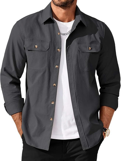 Men's Long Sleeve Button-Up Shirt Jacket with Flap Pockets