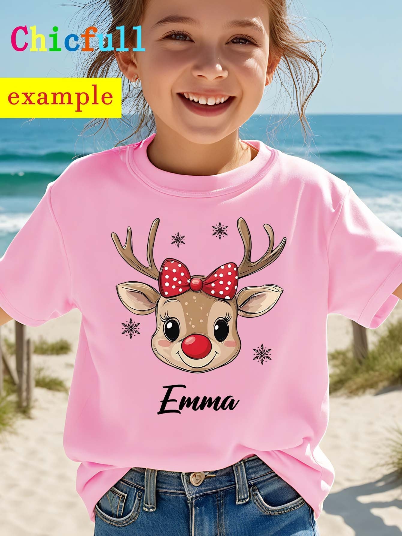 CHICFULL Girls' Personalized Name/Text Christmas Rudolph & Polka Bow T-Shirt - Red Smiling Reindeer Print with Golden Lettering, Soft Round Neck Casual Knit Top for Spring/Summer & Christmas, Machine Washable - Girls' Birthda