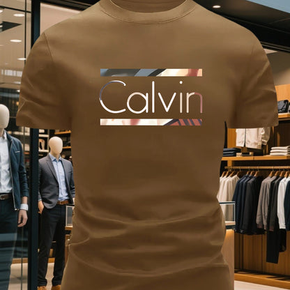 Men'S Bright Pink CALVI Graphic T-Shirt - Soft Breathable 100% Cotton Crewneck Tee, Everyday Casual Shirt for Office, Outings  Gym - Minimalist Modern Top, Comfortable Clothing, Stylish Letter Print, Durable Fabric, Short Sl