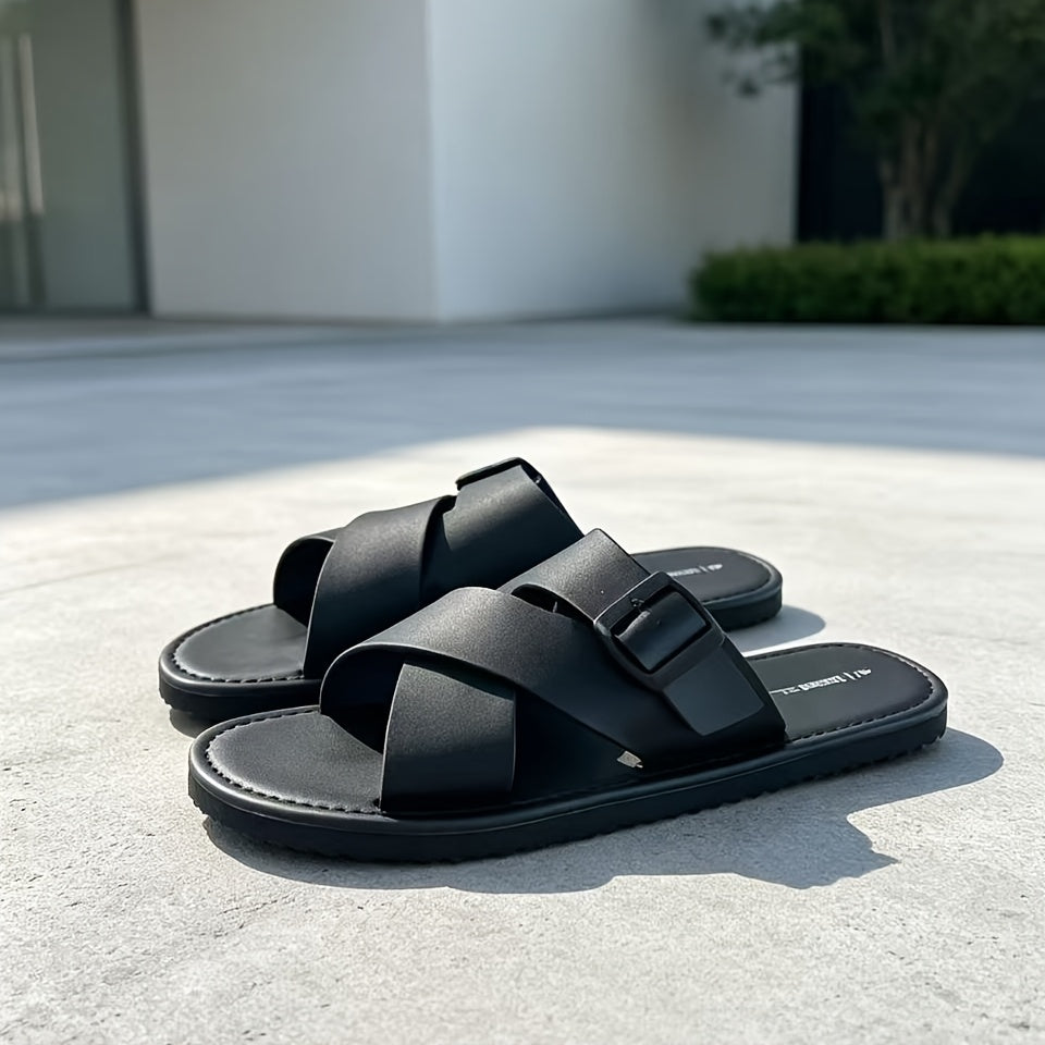 Men's Solid Color Cross-Strap Slip-On Casual Slides