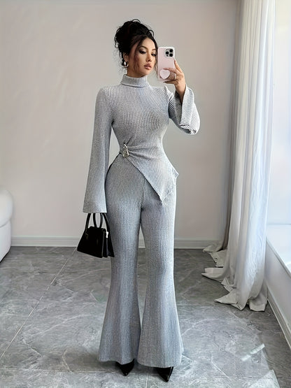 Women'S Autumn-Winter Fleece-Lined High Neck Asymmetrical Hem Long Sleeve Pants Suit | Elegant Solid Color Design.