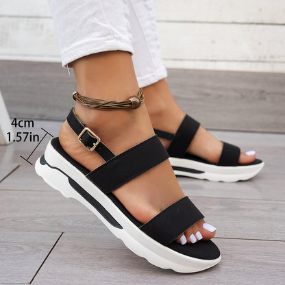 Mhysa Women's Comfortable Open-Toe Platform Sandals with Thick Sole & Golden Buckle Strap - Summer Casual White PU Cover Ankle Strap Sandals for Casual Attire, Ladies Sandals