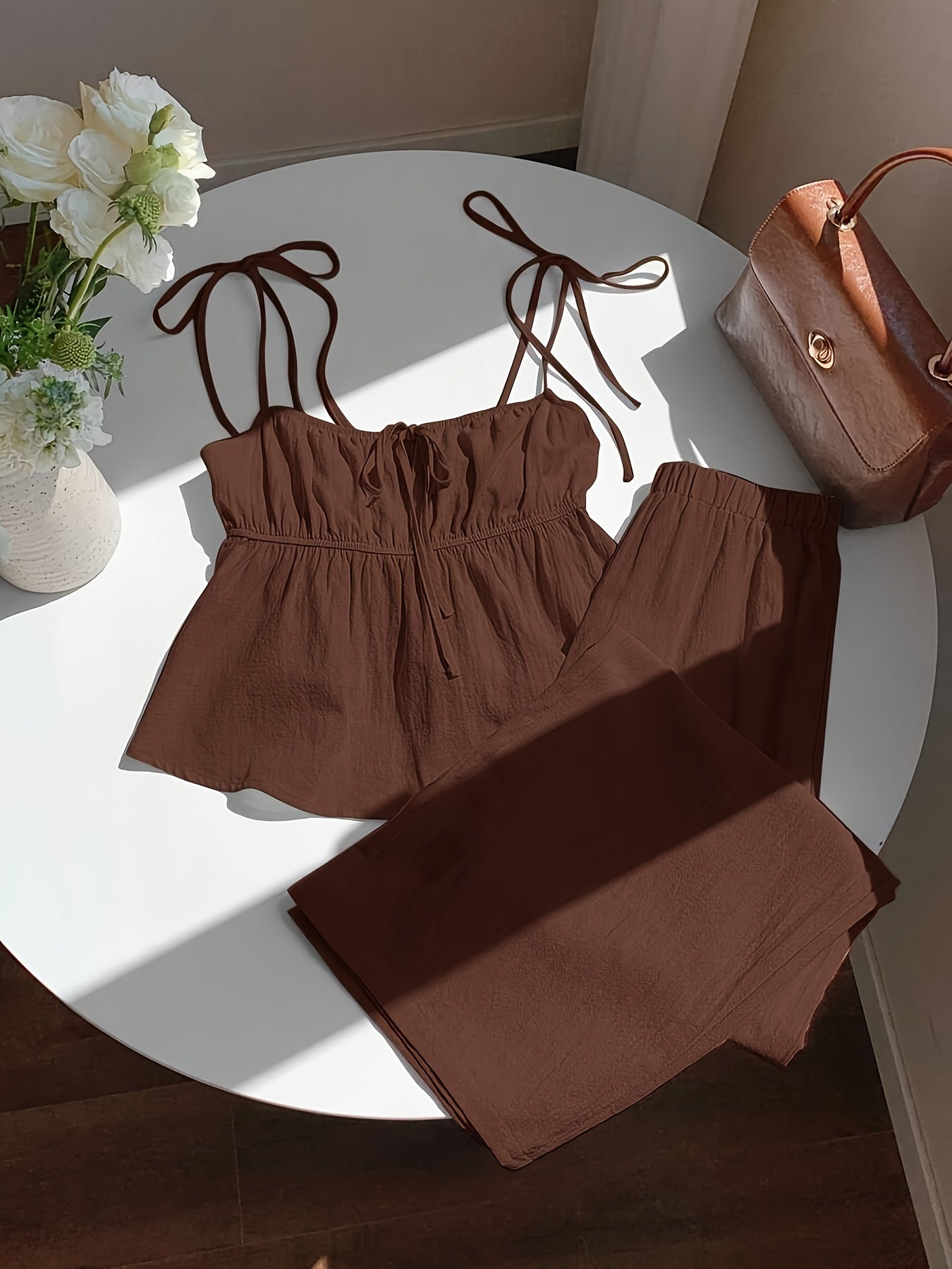 Women's Elegant Spring Summer Ruffle Top & Wide-Leg Pants Set