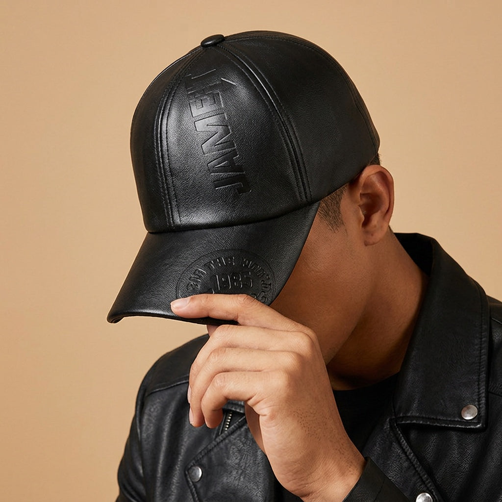 Unisex Embossed Letter Baseball Cap Adjustable PU Leather Hat