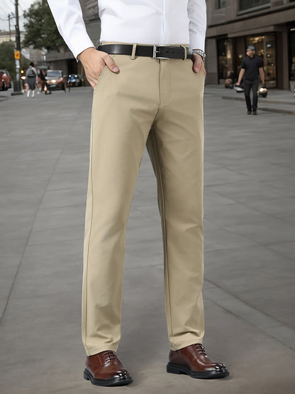Men's Sleek Stretch Dress Pants - Solid Color Black, Comfort Fit with Subtle Stretch, Polyester Fabric, Mid-Rise, Machine Washable, Perfect for Business Casual & All-Season Wear, Business Casual Pants | Sleek Trousers | Easyc