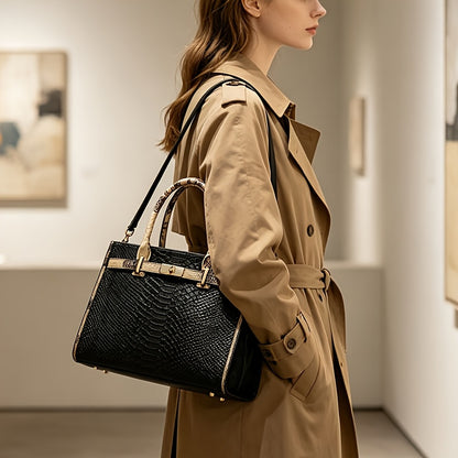 Women's Genuine Leather Snake Print Crossbody Bag - Elegant Tote