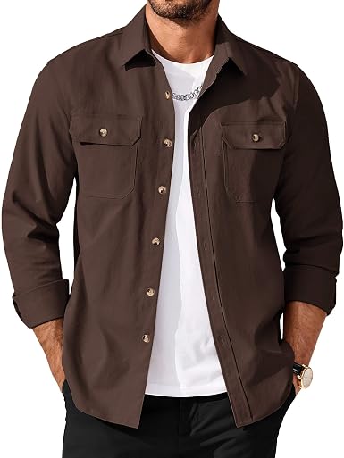 Men's Long Sleeve Button-Up Shirt Jacket with Flap Pockets