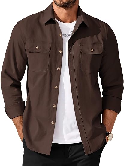 Men's Long Sleeve Button-Up Shirt Jacket with Flap Pockets