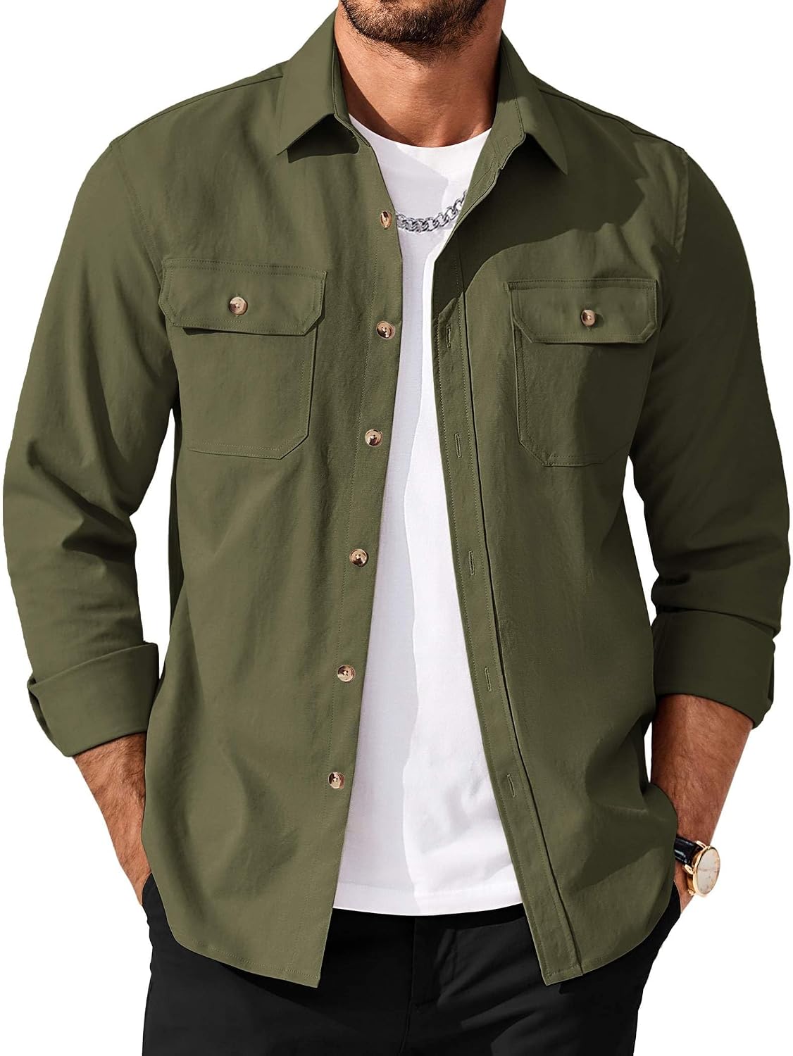 Men's Long Sleeve Button-Up Shirt Jacket with Flap Pockets