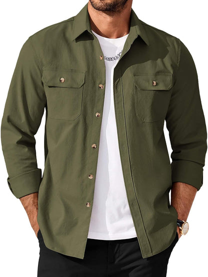 Men's Long Sleeve Button-Up Shirt Jacket with Flap Pockets
