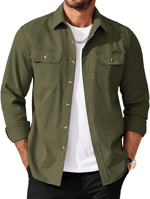 Men's Long Sleeve Button-Up Shirt Jacket with Flap Pockets