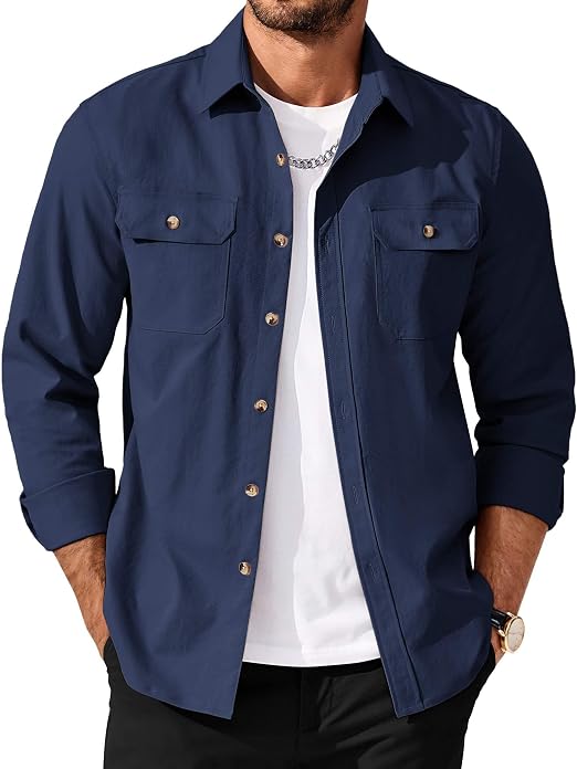 Men's Long Sleeve Button-Up Shirt Jacket with Flap Pockets
