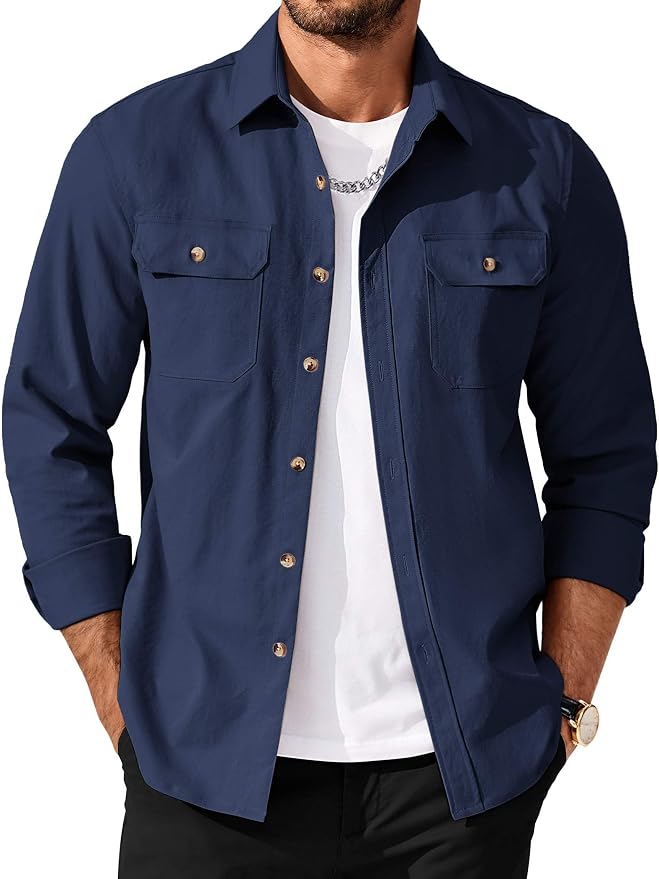 Men's Long Sleeve Button-Up Shirt Jacket with Flap Pockets