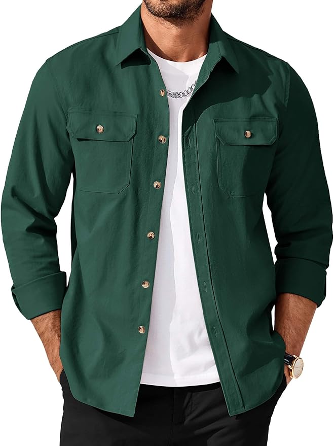 Men's Long Sleeve Button-Up Shirt Jacket with Flap Pockets