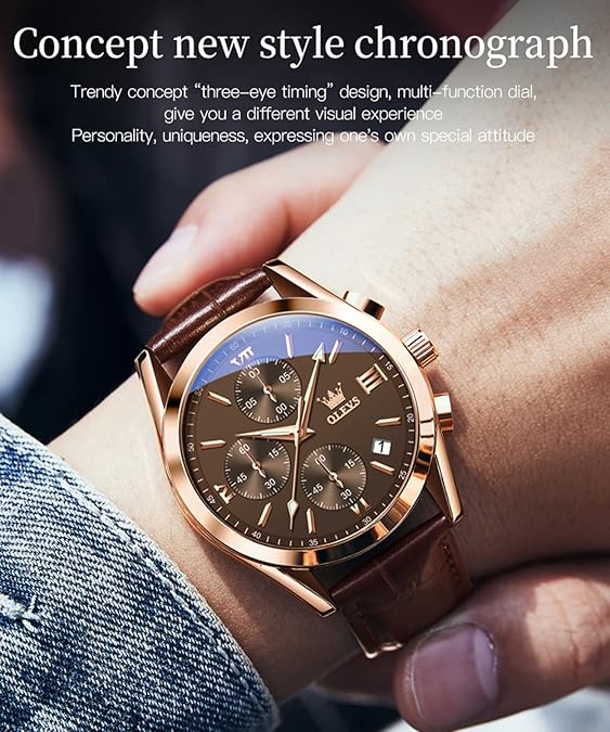 OLEVS Men's Waterproof Leather Band Quartz Watch