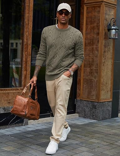 Men's Cable Knit Crewneck Sweater Pullover Long Sleeve