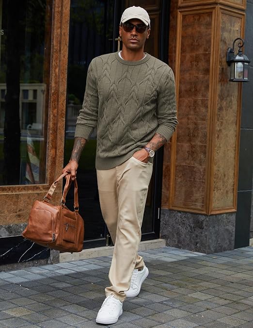 Men's Cable Knit Crewneck Sweater Pullover Long Sleeve