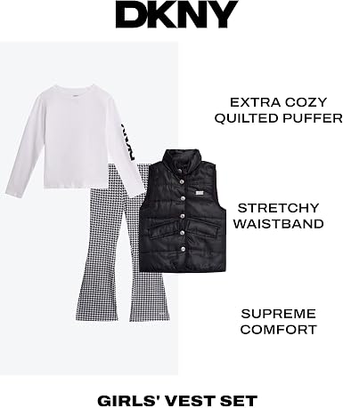 Girls 3 Piece Puffer Vest, Shirt & Flare Leggings Set