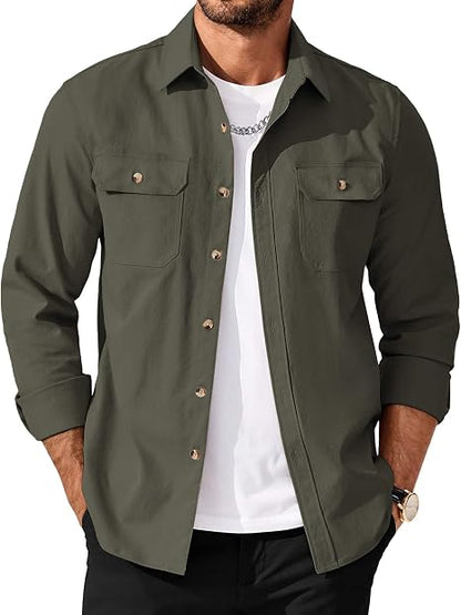 Men's Long Sleeve Button-Up Shirt Jacket with Flap Pockets