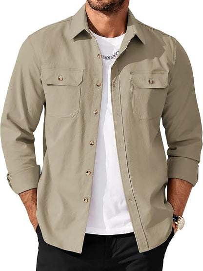Men's Long Sleeve Button-Up Shirt Jacket with Flap Pockets