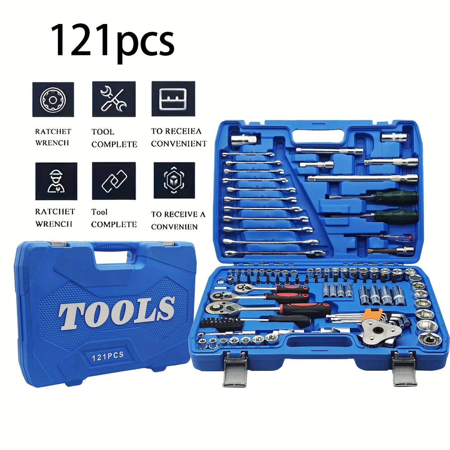 Black 46 and 121pcs of household car repair kit with plastic storage box, motorcycle repair kit, outdoor bicycle emergency bicycle repair tool, including hex wrench, universal joint, screwdriver, extension piece, slider