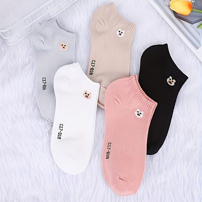 5 Pairs Women'S Cute Bear Animal Print Casual Breathable Sweat-Absorbent Low Cut Short Socks, 98% Polyester 2% Spandex, Knit Fabric, 290g/m² - Fashionable and Comfortable