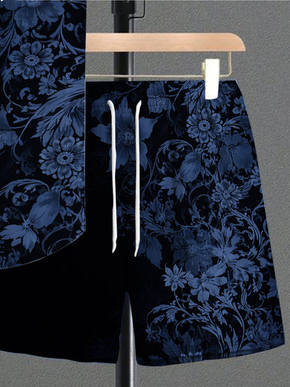 Men's Summer Casual Print Shirt and Drawstring Shorts Set
