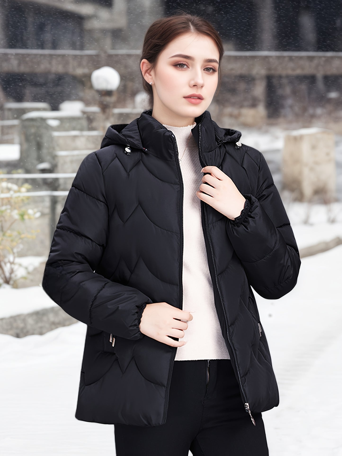 Կանացի էլեգանտ սև ձմեռային փքված բաճկոն՝ երկար թևքերով, կայծակաճարմանդով, առօրյա ոճով՝ ուլունքազարդ դետալներով, իդեալական է ձյունառատ օրերի համար, առօրյա ձմեռային հագուստի համար | Կայծակաճարմանդով բաճկոն | Գործնական գրպաններ