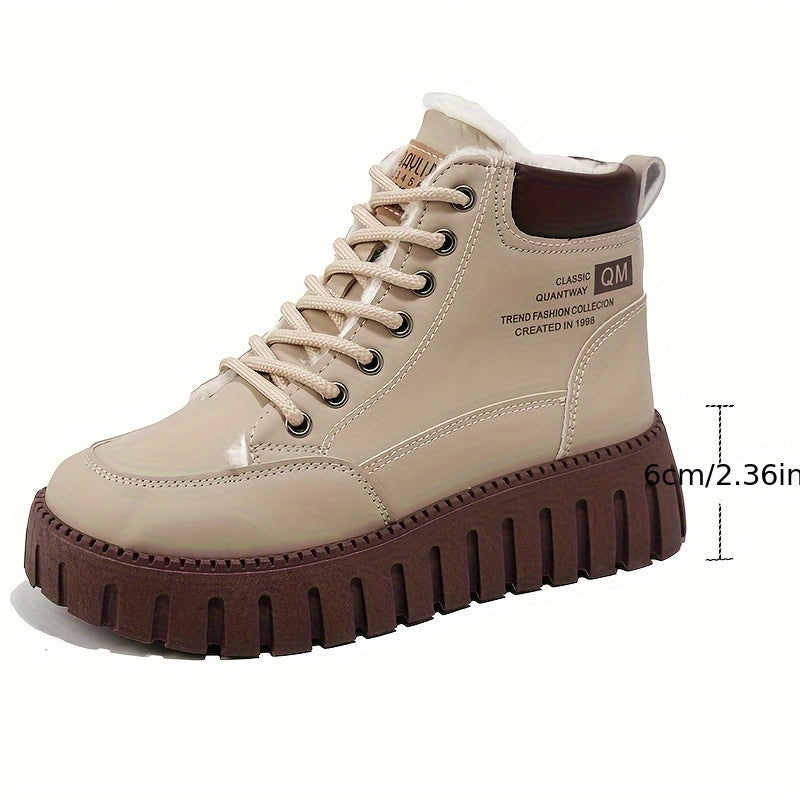 Women's Warm Boots - Heavy-Duty PU Coated Texture, Lace-Up Ankle Boots, Thick Sole Height Increase and Non-Slip Rubber Sole - Beige/Brown Options, Elegant Winter Boots for Women, Shiny Black Winter Boots with Beige Plush Lini