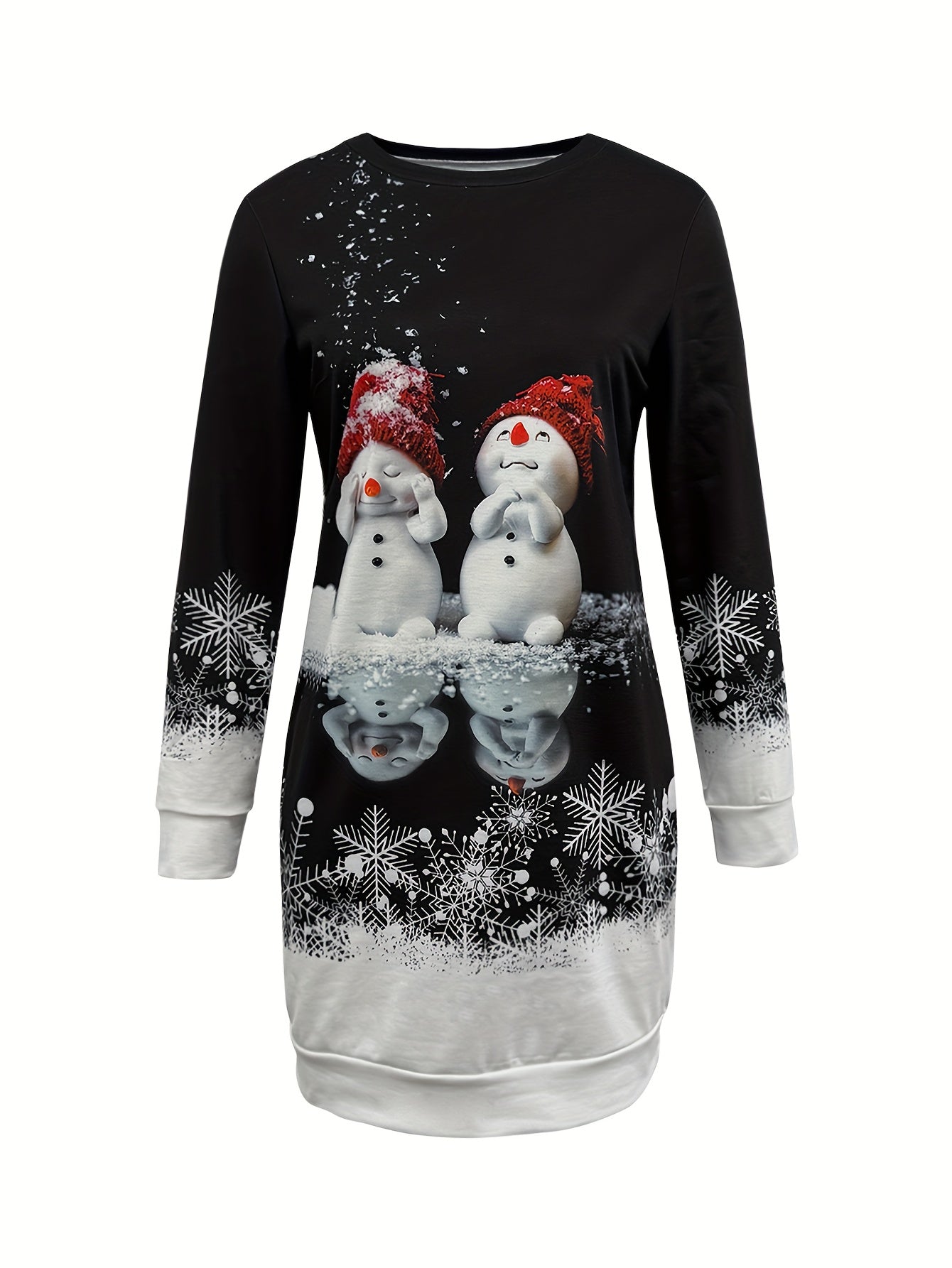 Women's Elegant Winter Snowman & Snowflake Print Sweater Dress - Long Sleeve A-Line Silhouette with Round Neck, Machine Washable Christmas Party Outfit for Holiday Events, New Year's Eve & Everyday Winter Wear - Cozy Casual t