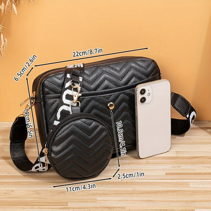 New Quilted Shoulder Bag, Casual Zipper Crossbody Bag, V-Pattern Two Piece Small Square Bag, Shoulder Bag with Zero Wallet, Letter Shoulder Strap, Coin Wallet, Card Bag, Phone Bag, Camera Bag, Lipstick Bag, Key Bag(8.66*5.12*