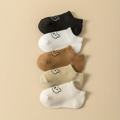 5pcs Adorable Bear Pattern Low-Cut Ankle Socks for Youngsters & Youngsters - Soft, Stretchy Polyester Blend, Machine Washable - Perfect for All Seasons, Available in Brown, Beige, White, Black, Youngsters Ankle Socks|Cute Bea