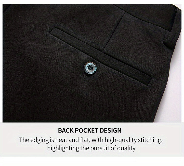 Men's Sleek Business Casual Dress Pants - Solid Black, Straight Leg, Wrinkle-Resistant Polyester Blend, All-Season Formal Trousers with Button Detail