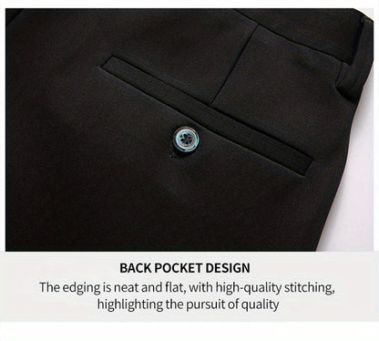 Men's Sleek Business Casual Dress Pants - Solid Black, Straight Leg, Wrinkle-Resistant Polyester Blend, All-Season Formal Trousers with Button Detail