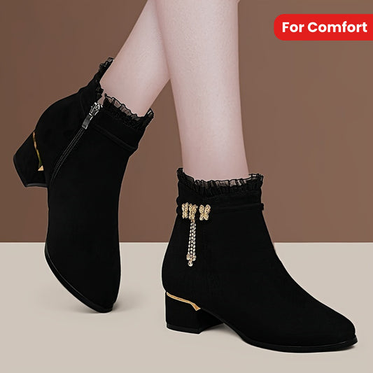Women's Butterfly Decor Chunky Heel Boots, Fashion Side Zipper Short Boots, Stylish Ankle Boots