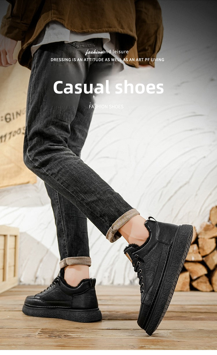 Men's Winter Warm PU -Like Hiking Sneakers with Plush -Like, EVA Cushioned Sole & Rubber Traction Tread - Low-Top Lace-Up Outdoor Shoes for Ice, Snow, Casual Wear (Black/Brown) - Cold Weather