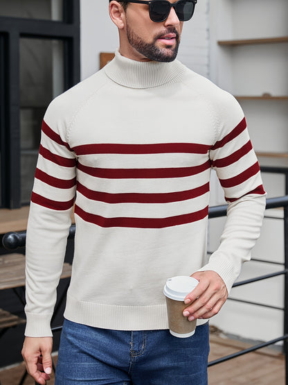 Men's High Neck Long Sleeve Striped Contrast Color Pullover Sweater - ayq