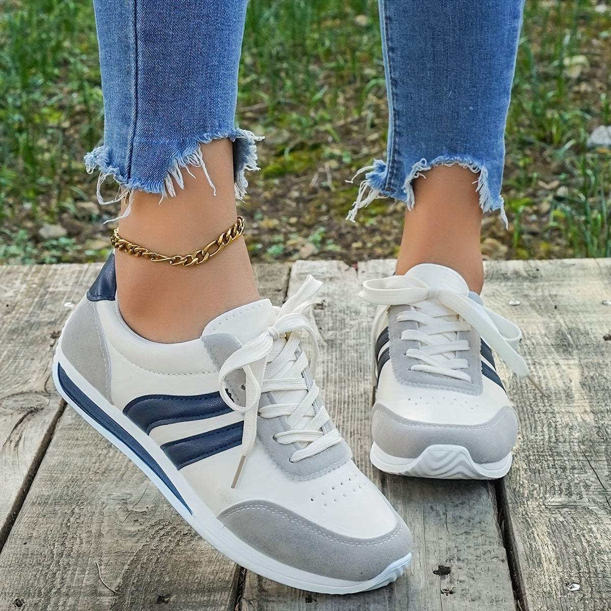 Women's Casual White Sneakers with Blue Accents - Breathable & Comfortable Lace-Up Running Shoes, Low-Top Fitness & Travel Footwear, Soft Rubber Sole, All-Season Wear