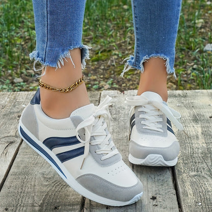 Women's Casual White Sneakers with Blue Accents - Breathable & Comfortable Lace-Up Running Shoes, Low-Top Fitness & Travel Footwear, Soft Rubber Sole, All-Season Wear