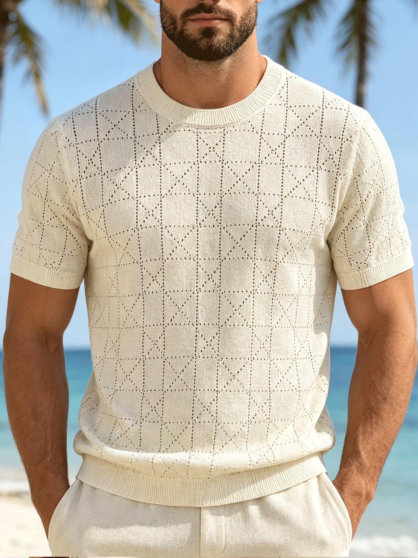 Men's Loose Fit Short Sleeve Hollow Knit Crew Neck Top