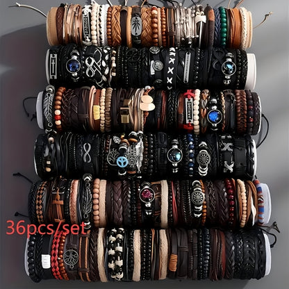 4/18/36 հատ վինտաժային նորաձևության արհեստական ​​կաշվե ապարանջան՝ արևմտյան փանկ ոճի ուլունքավոր ապարանջանով, ձեռագործ, ինքնուրույն պատրաստված պատահական ոճերով