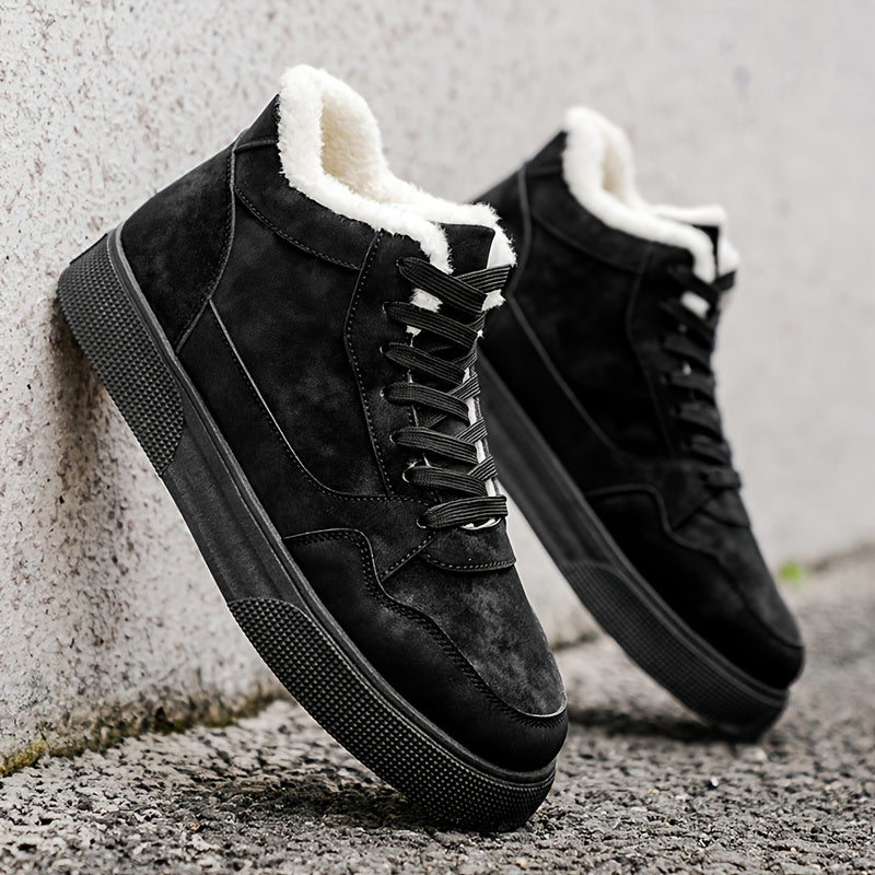 Men's Winter Warm Mid-Top Sneakers - Heavy-Duty Insulated Ankle Shoes with Thick Traction PVC Sole, Upper & Grey/White Beige Lining for Outdoor, Hiking, Skateboarding & Casual (Cold Weather) - Lace-Up Boots, Shoes For Men