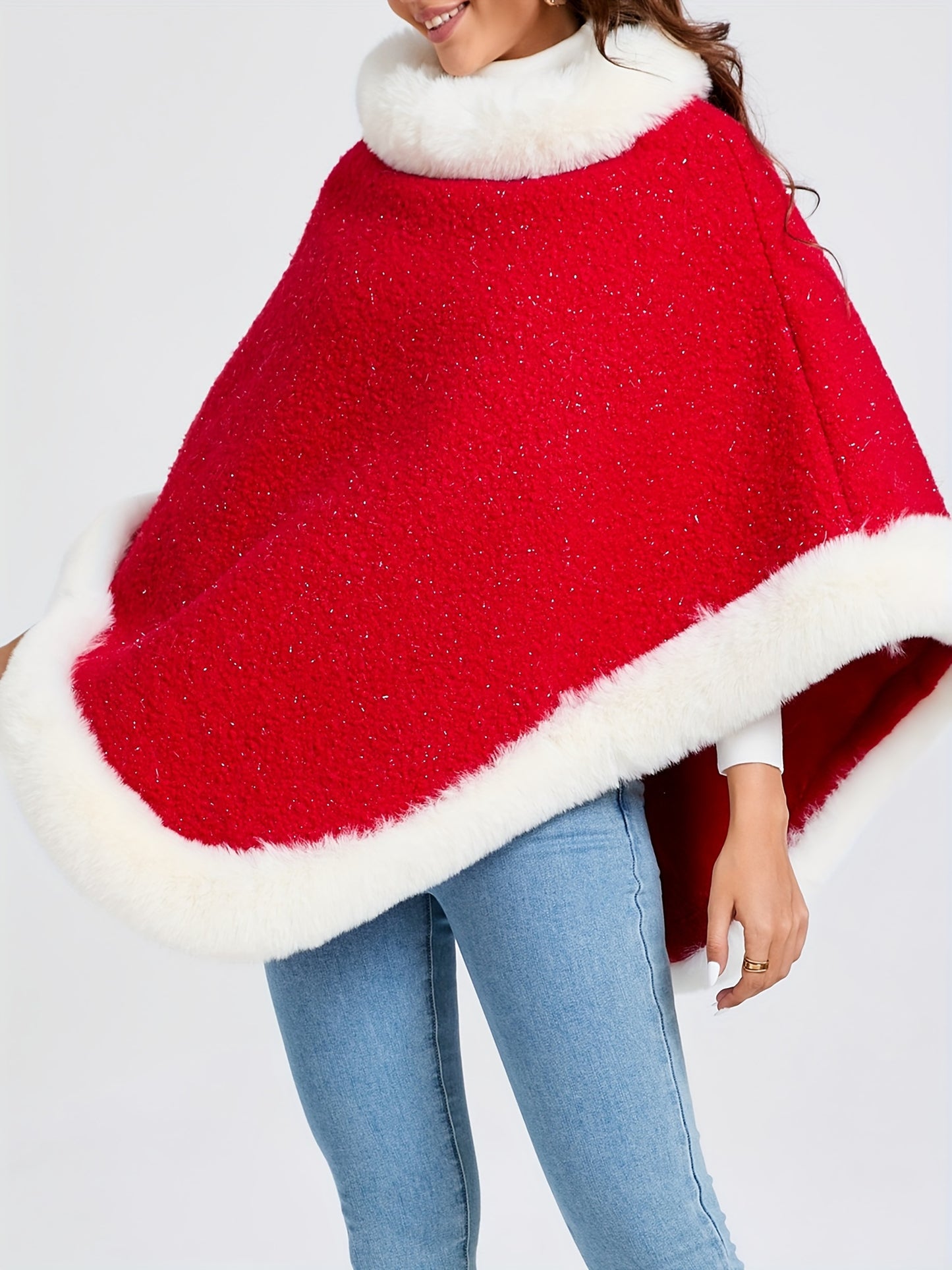 1pc Women's Elegant Red & White Faux-Fur Collar Winter Coat - Thickened Warm Jacket with Round Neck, Loose Fit Blazer for Christmas, New Year, Parties & Daily Wear - 100% Polyester (Hand Wash/Dry Clean) - Coat of Many Colors,