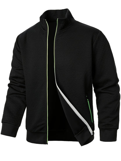 Men's Casual Zip Up Jacquard Jacket, Chic Stand Collar Coat for Spring Fall, Autumn And Winter, Hoodie Top