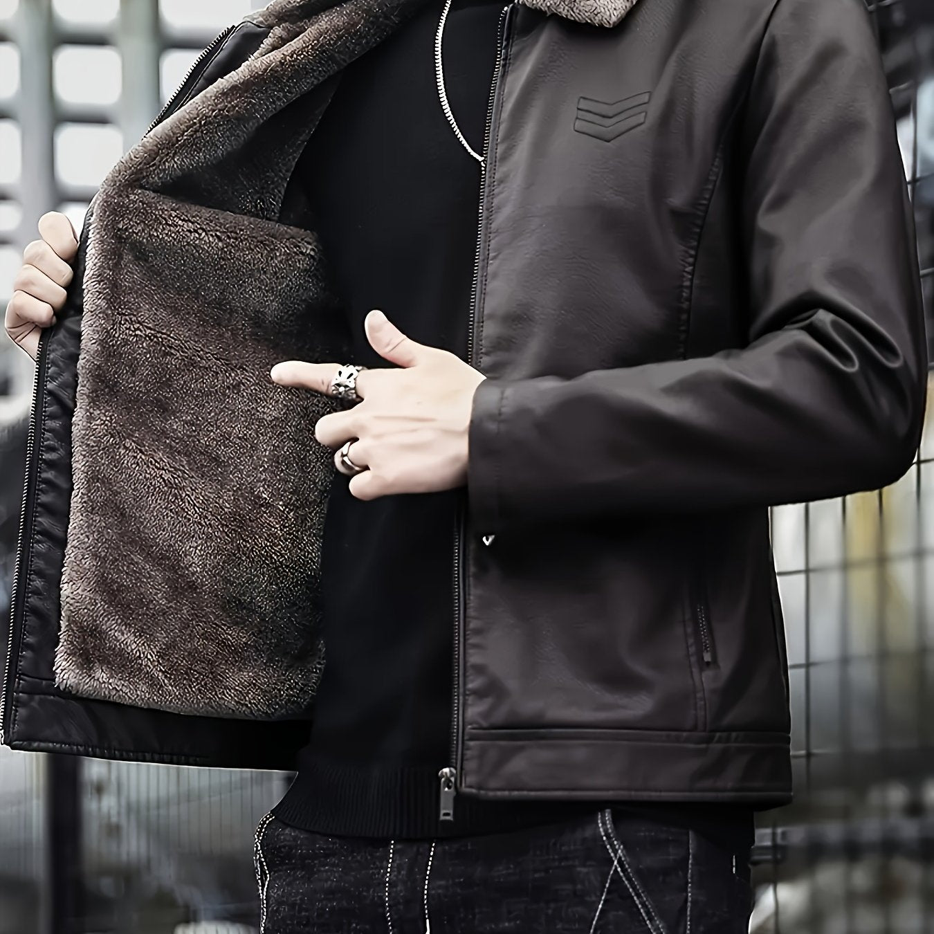 Siji Dou OBM տղամարդու վերարկու, նոր աշնանային/ձմեռային բրդյա ծածկույթով բաճկոն՝ արհեստական ​​մորթուց օձիքով, նորաձև առօրյա բաճկոն տղամարդկանց համար