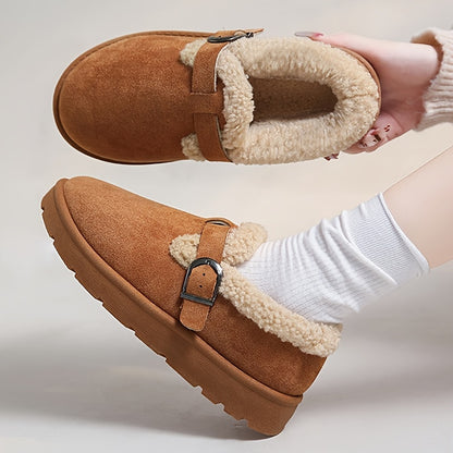 Women'S Warm Fleece-Lined Ankle Slippers, Solid Color, Round Toe, Fabric Upper/Inner, Rubber Sole, Cozy Winter Footwear