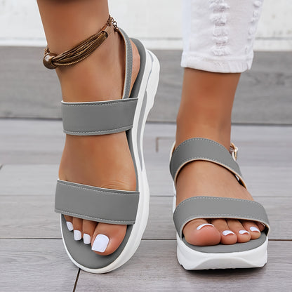 Women's Summer Plain Color Wedge Sandals, Casual Open-Toe Simple Thick Sole Beach Shoes with Comfortable Ankle Strap Wedges