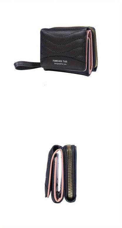 2024 New Women'S Short Wallet, Korean Style Zippered Coin Purse, Simple Design, Tri-Fold Multifunctional Faux Leather Card Holder.