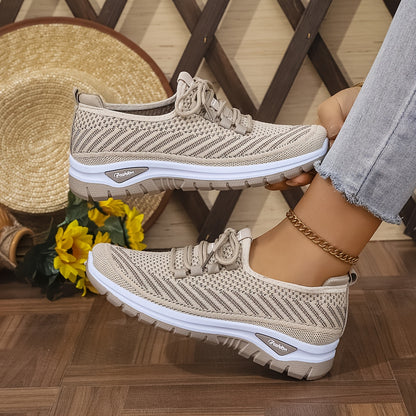 Women'S Knit Casual Sneakers - Stylish Striped Weave Pattern, Breathable Non-Slip Comfort Shoes with Rubber Sole for Outdoor Wear