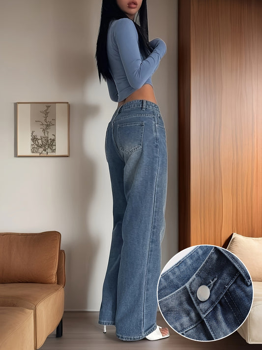 Women's Classic Straight-Leg Jeans - Loose Fit, Non-Stretch Denim with Pockets, Machine Washable